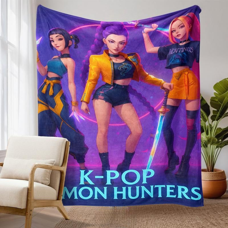 K-Pop Demon Hunters Flannel Blanket, Soft Skin-Friendly Material, Perfect Gift for K-Pop Fans & Trendy Enthusiasts, Dreamy Color Design